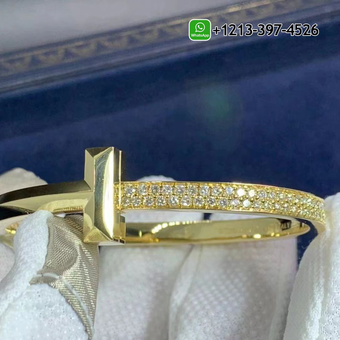 Tiffany & Co. T T1 Wide Diamond Hinged 18 Karat Yellow Gold Size Large Bangle Bracelet