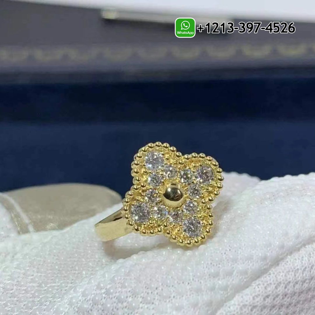Van Cleef & Arpels 18k Yellow Gold Pave Diamond Vintage Alhambra Ring VCARO26M00