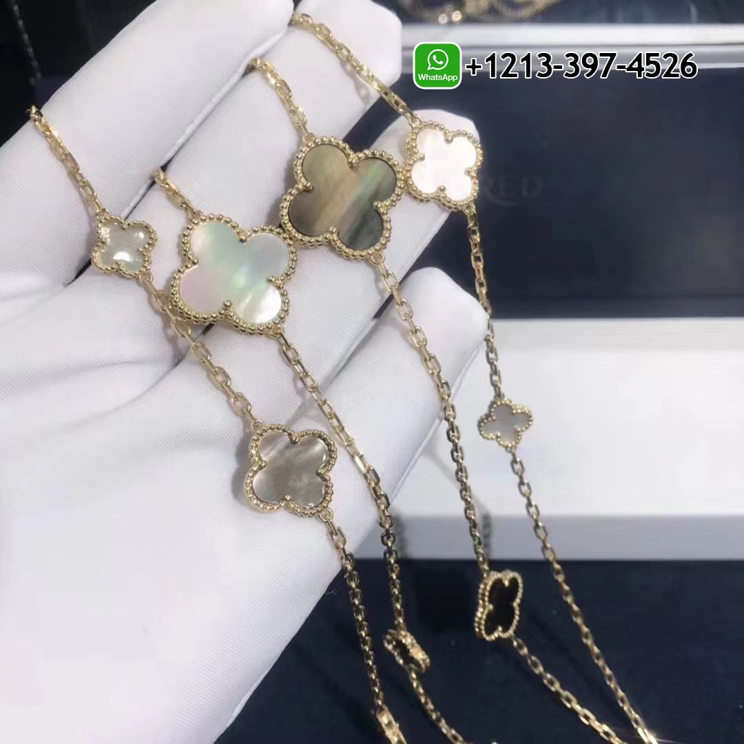 Van Cleef & Arpels Magic Alhambra 16 Motif Mother of Pearl Onyx 18K Yellow Gold Long Necklace VCARD79400