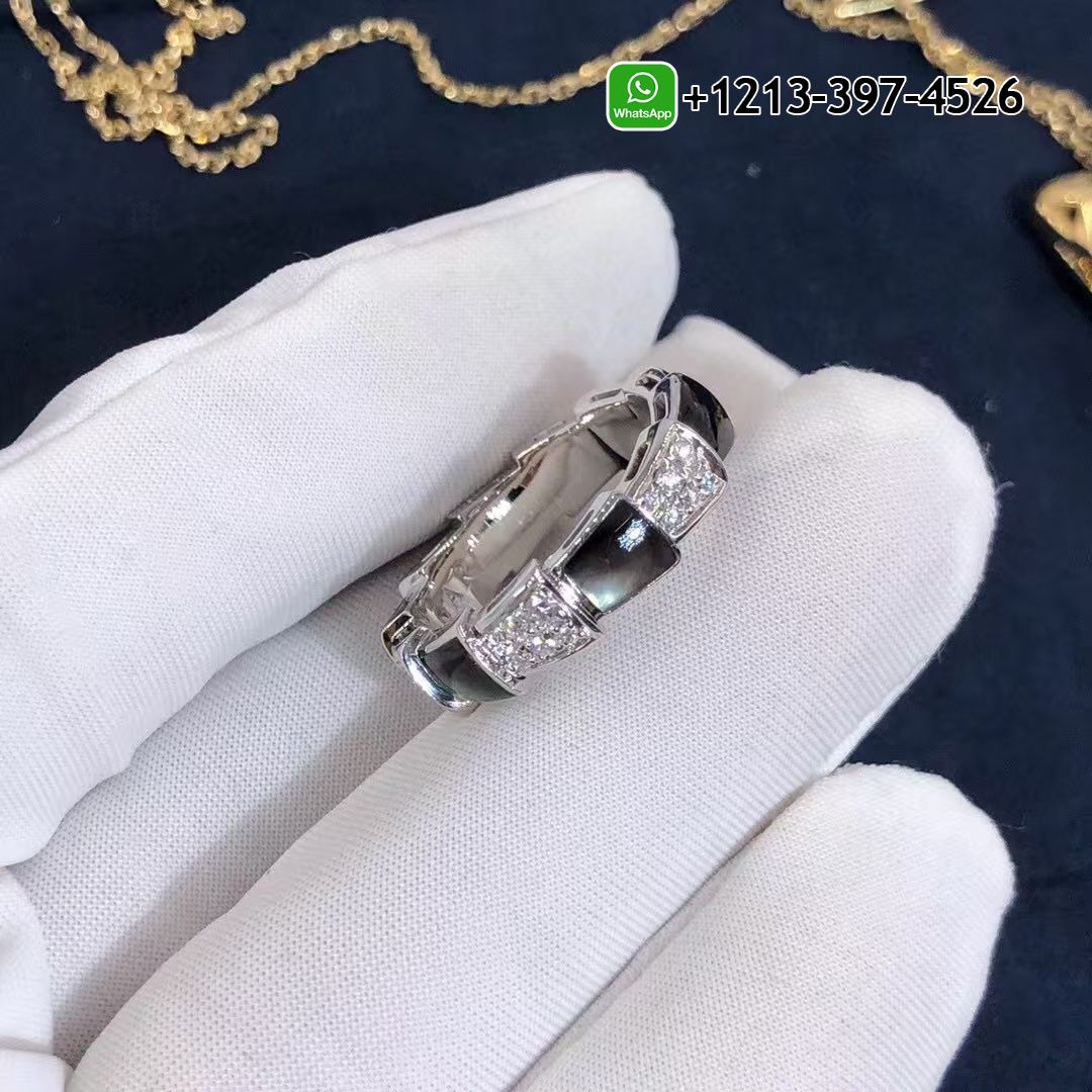 Bulgari Serpenti Viper 18 kt white gold ring set with grey mother-of-pear elements and pavé diamonds AN857900