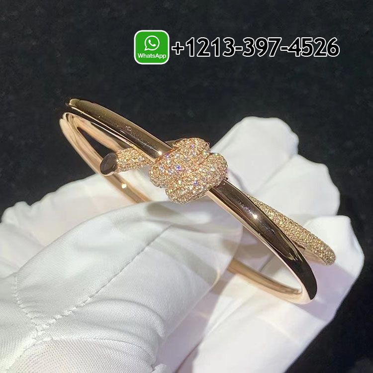 Tiffany Knot Double Row 18k Rose Gold Diamonds Hinged Bangle Bracelet