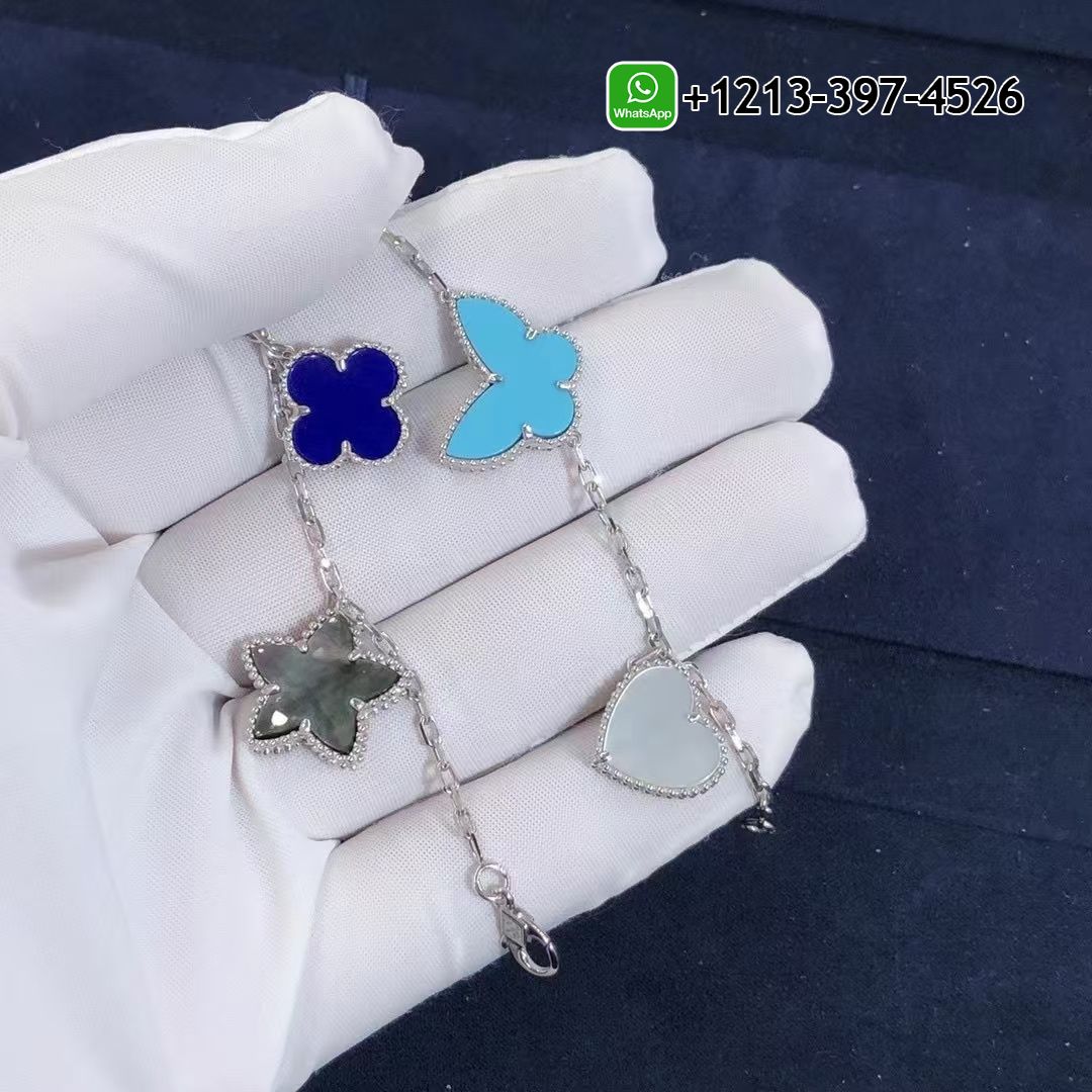 Van Cleef 18k White Gold Lapis Mother-of-Pearl and Turquoise 4 Motif Lucky Alhambra Bracelet VCARD79600