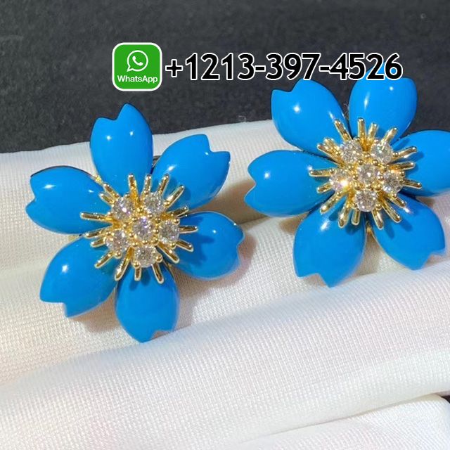 Van Cleef & Arpels 18k Yellow Gold Turquoise Diamond Small Model Flower Rose de Noel Earrings