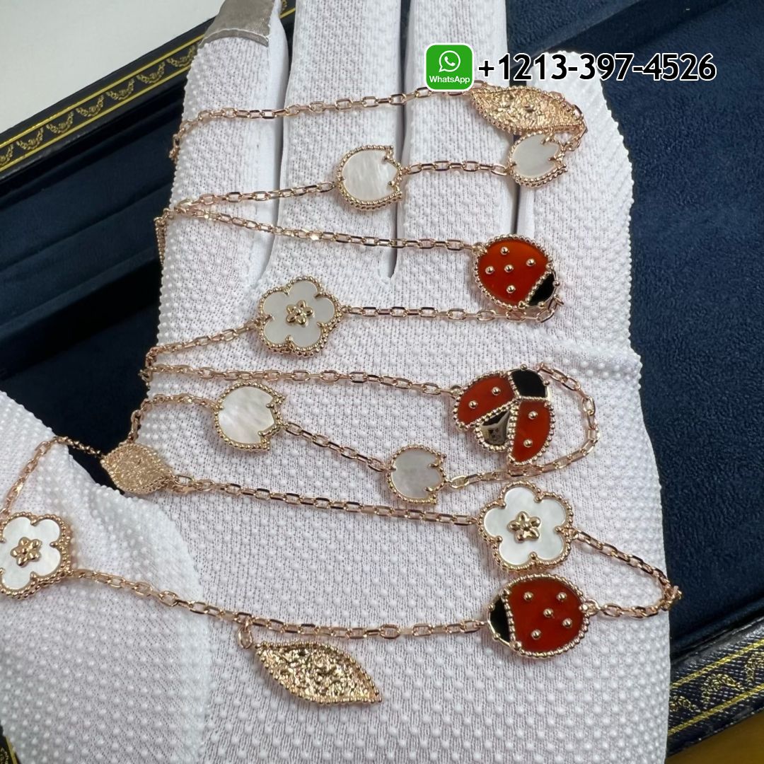 Van Cleef & Arpels 18K Rose Gold Mother of Pearl Carnelian Onyx 15 Motifs Lucky Spring Long Necklace VCARP7RT00