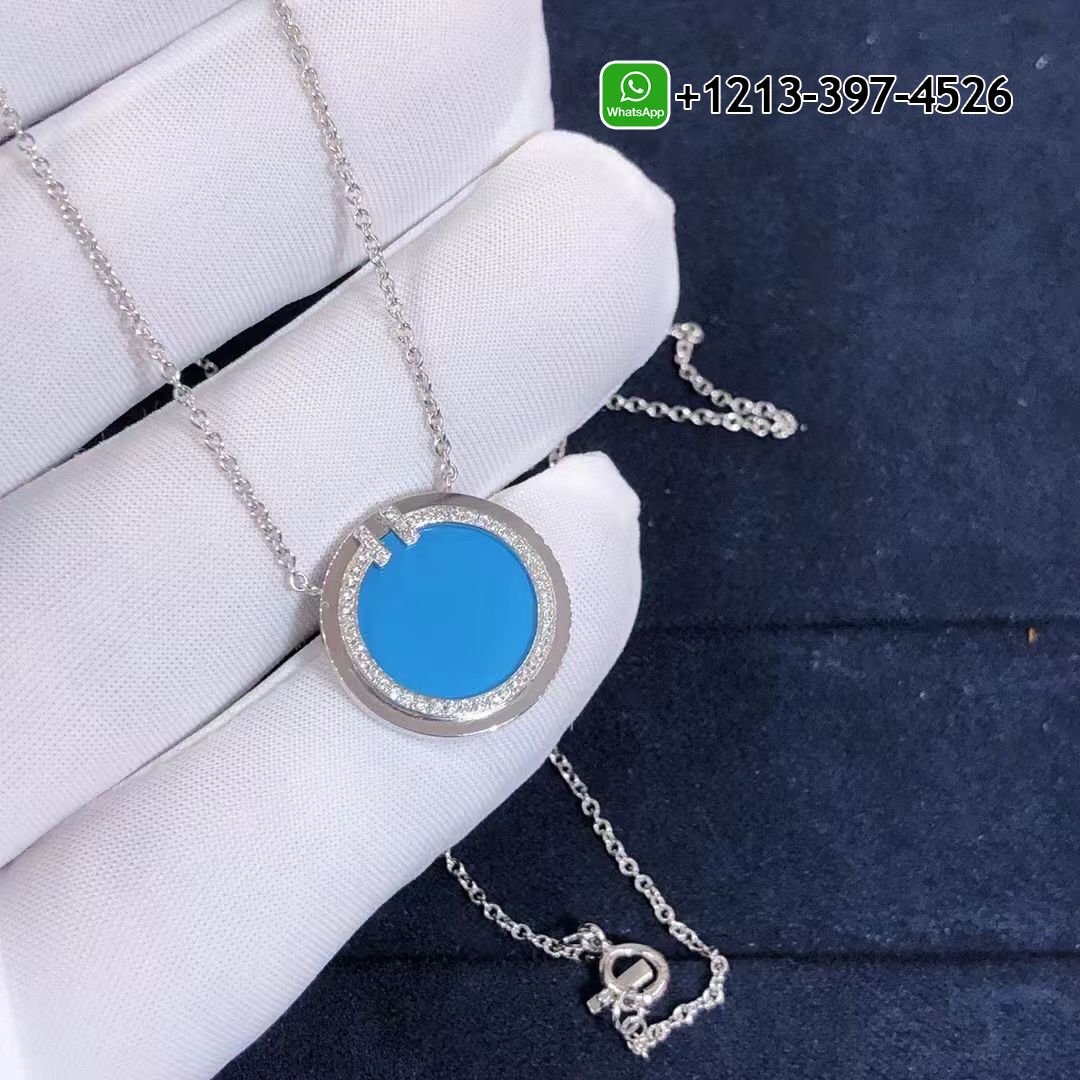 Tiffany T Diamond and Turquoise Circle 18k White Gold Pendant Necklace 64027085