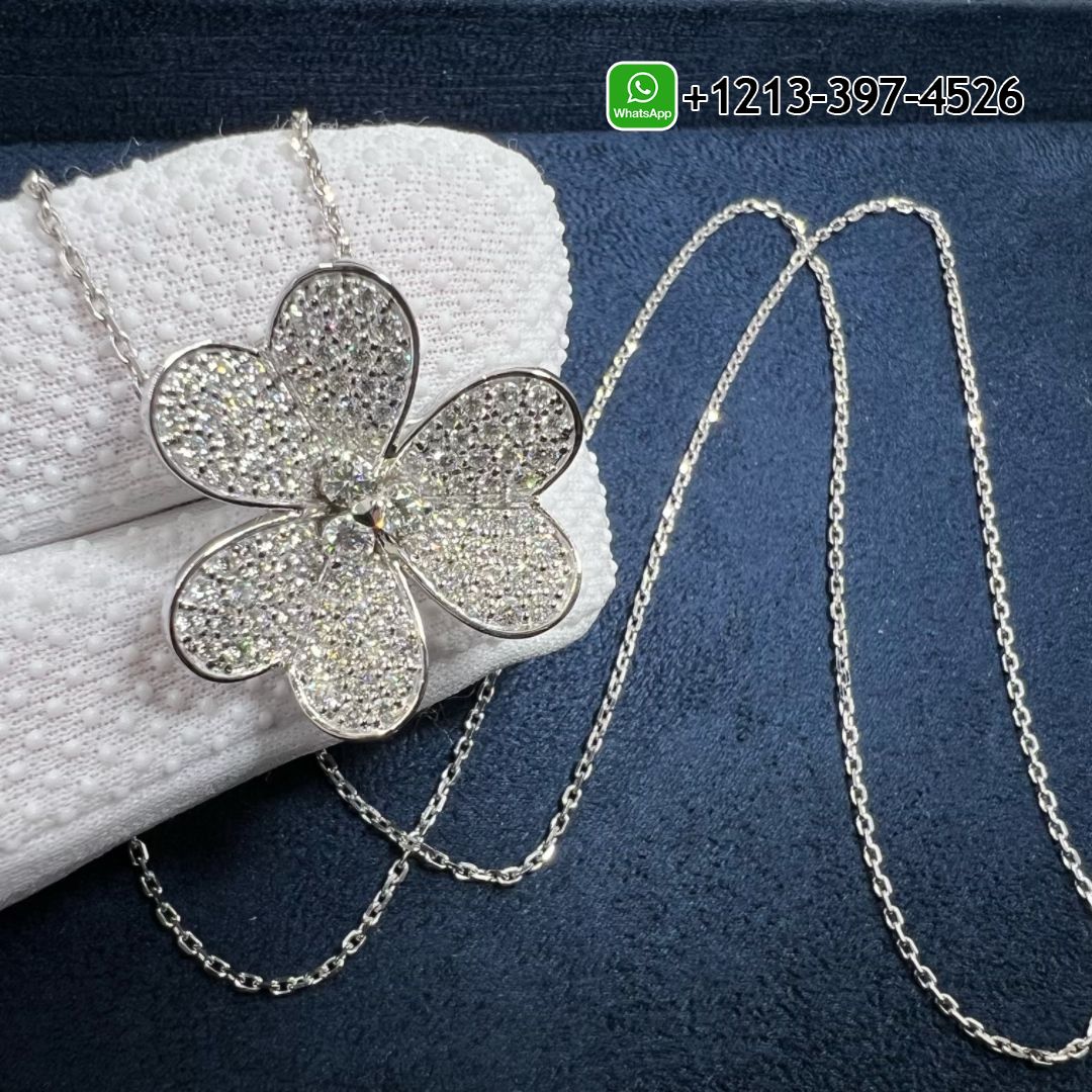 Van Cleef & Arpels Frivole 18k White Gold Pave Diamonds Very Large Model Clip Pendant Necklace VCARPJMX00