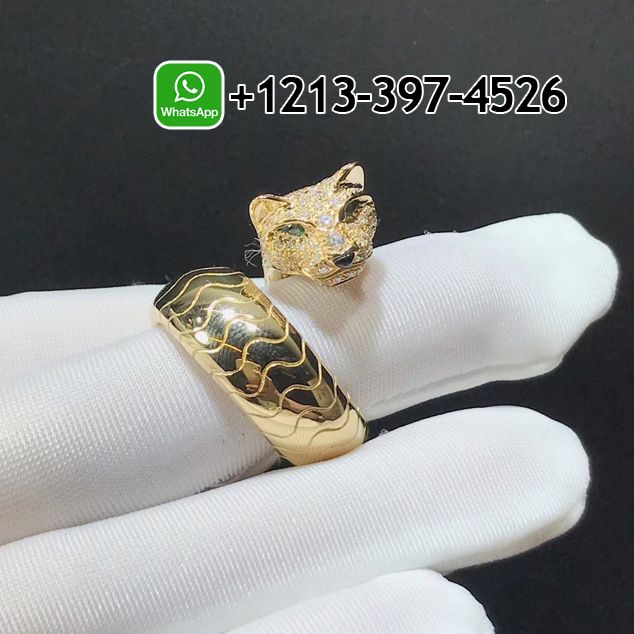 Cartier Panther 18k Yellow Gold Diamond Emerald Onyx Band Ring N4224200