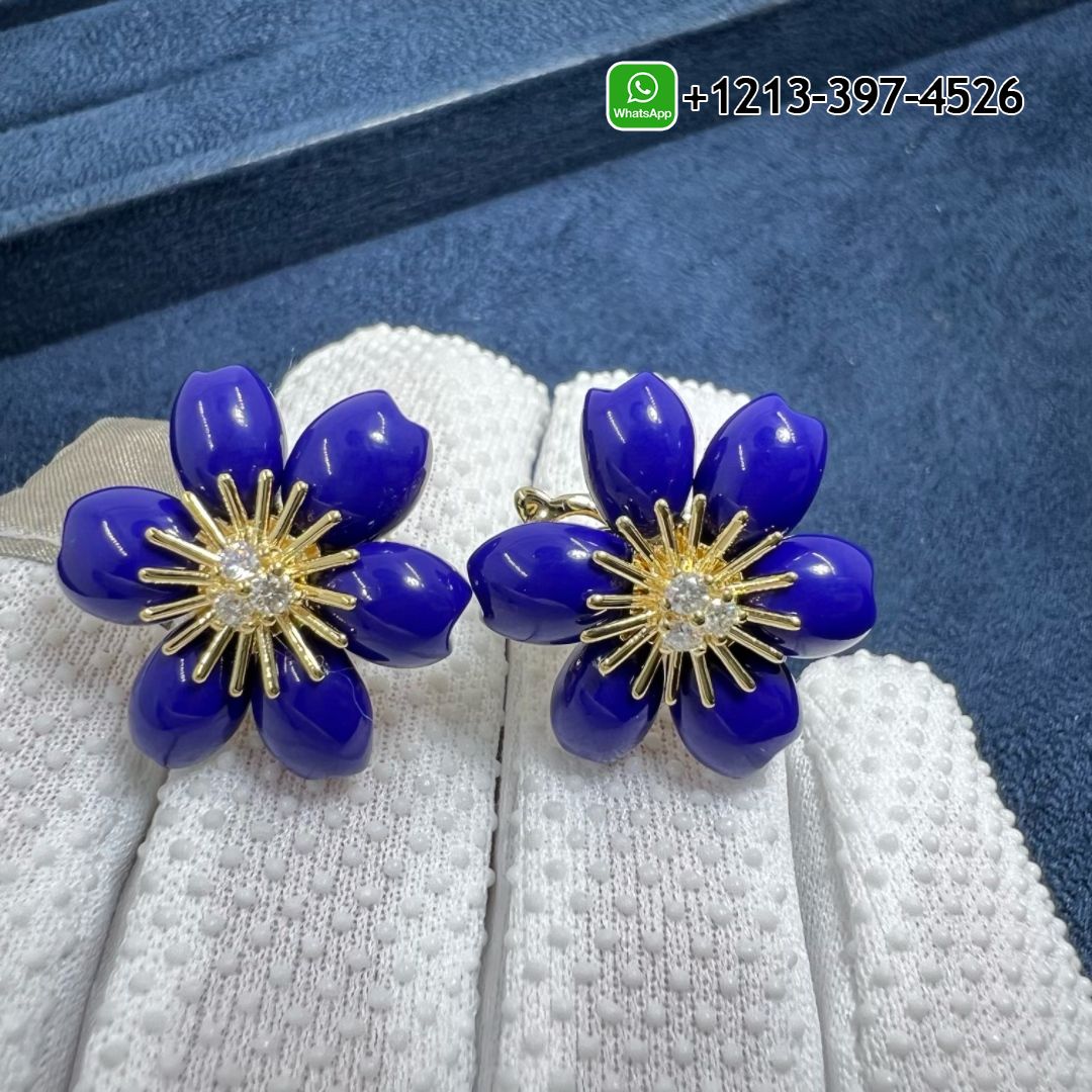 Van Cleef & Arpels 18k Yellow Gold MiNi Model Lapis Lazuli Flower Rose de Noel Diamond Earrings VCARP7RW00