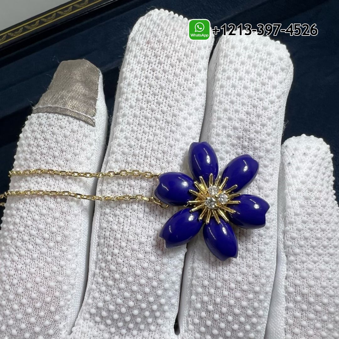 Van Cleef & Arpels 18k Yellow Gold MiNi Model Lapis Lazuli Flower Rose de Noel Pendant Necklace VCARP7T200