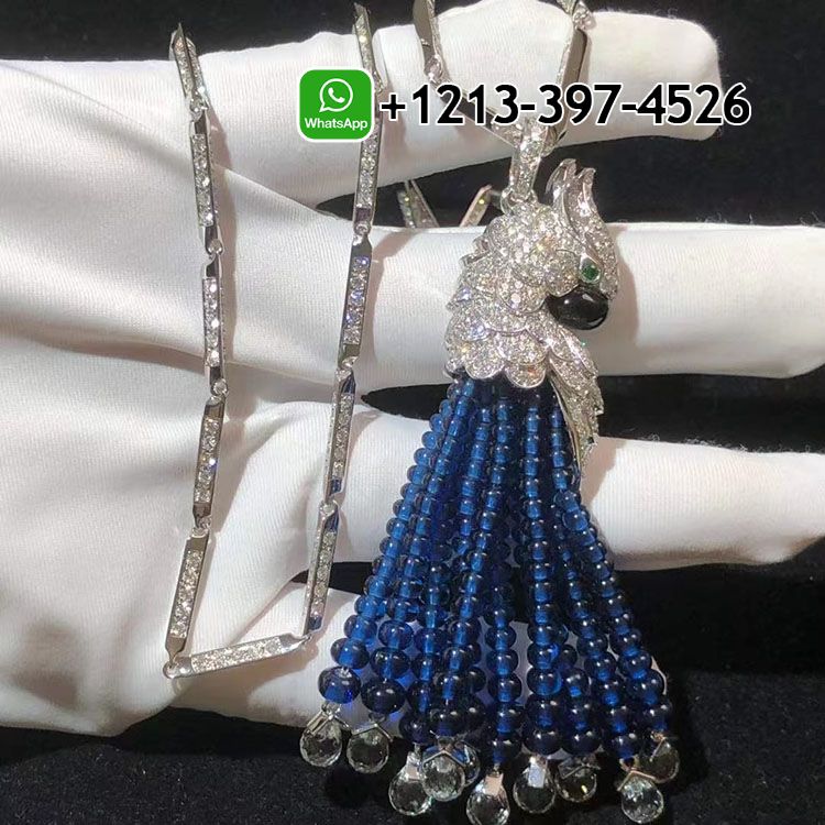 Cartier Les Oiseaux Libérés 18k White Gold 13.28ct Diamonds Blue Sapphire Parrot Tassels Pendant Necklace HP700677