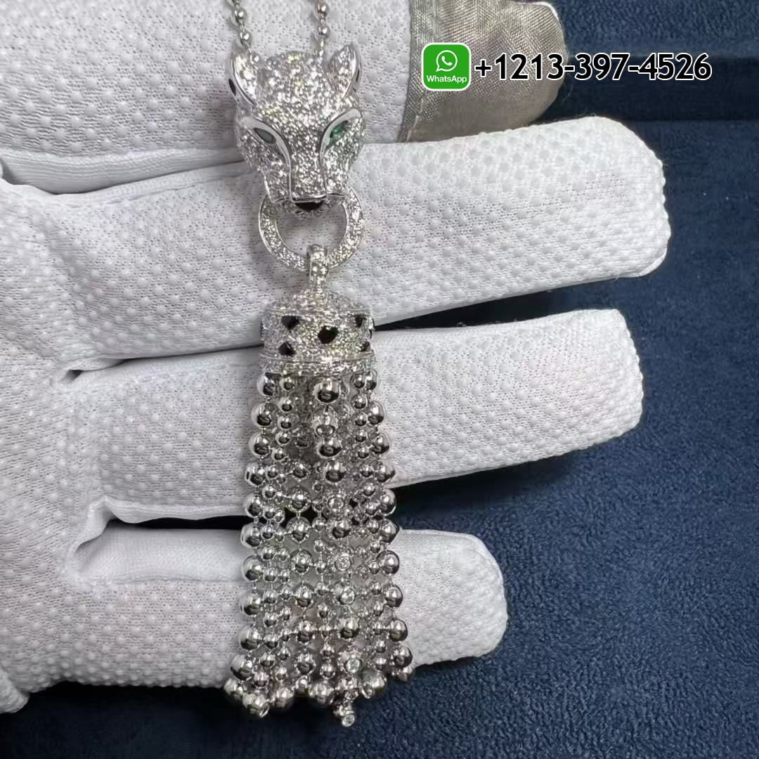 Cartier Panthere de Cartier Pave Diamonds Onyx Emeralds 18k White Gold Tassels Necklace N7424212