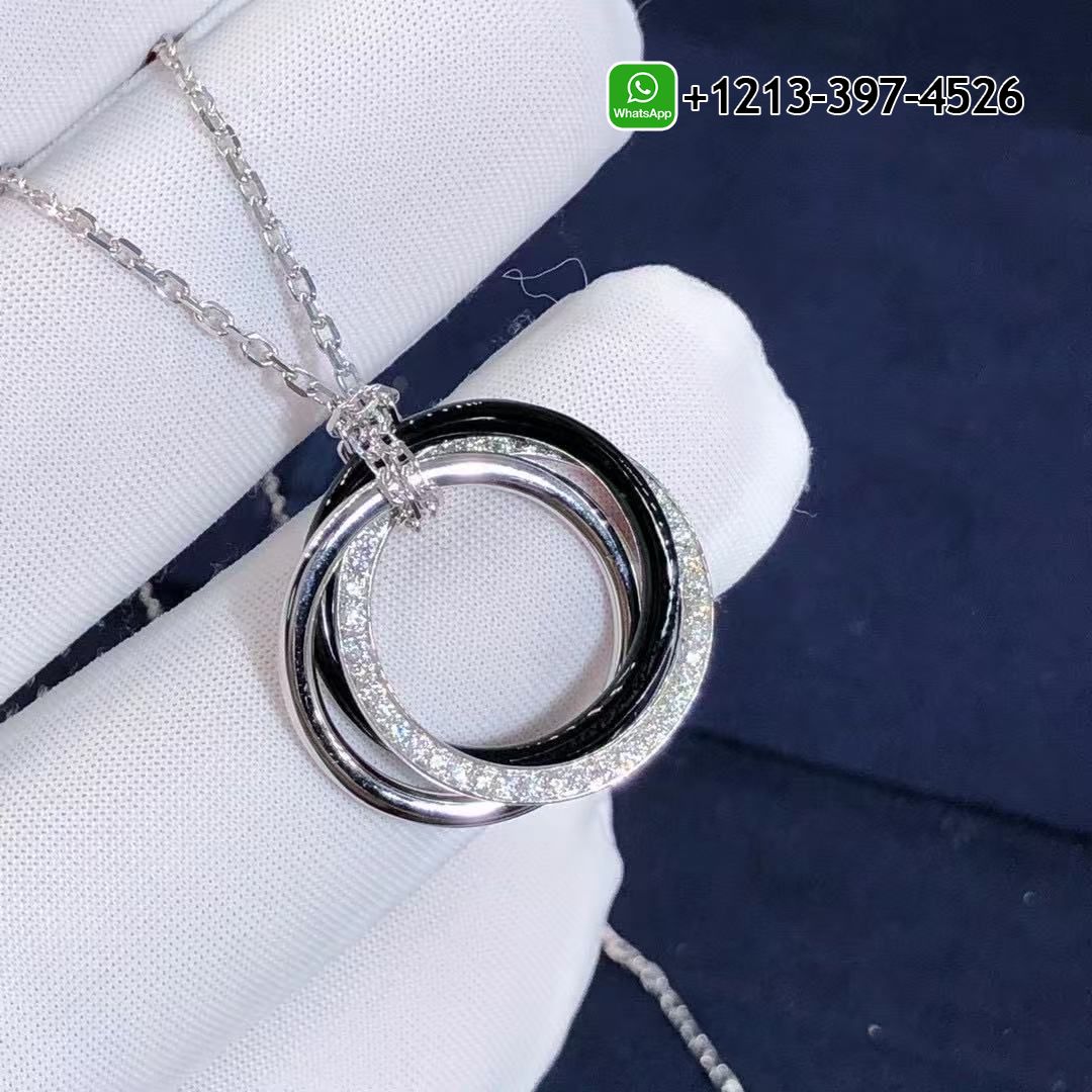 Cartier Trinity 18K White Gold Small Model Black Ceramic Diamond Pendant Necklace B3045500