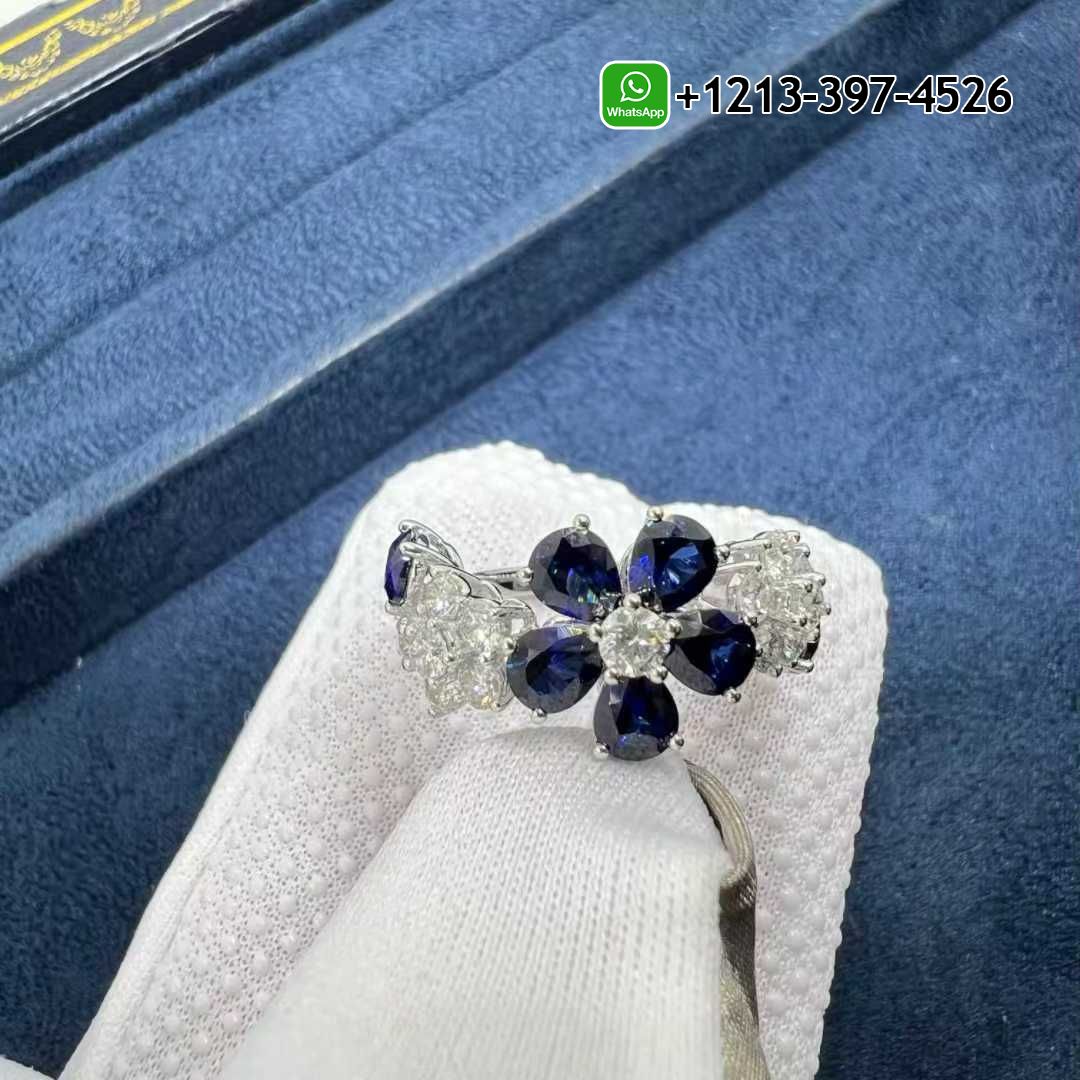 Van Cleef & Arpels Folie Des Pres Diamond Blue Sapphire 18k White Gold Flower Ring VCARP05700