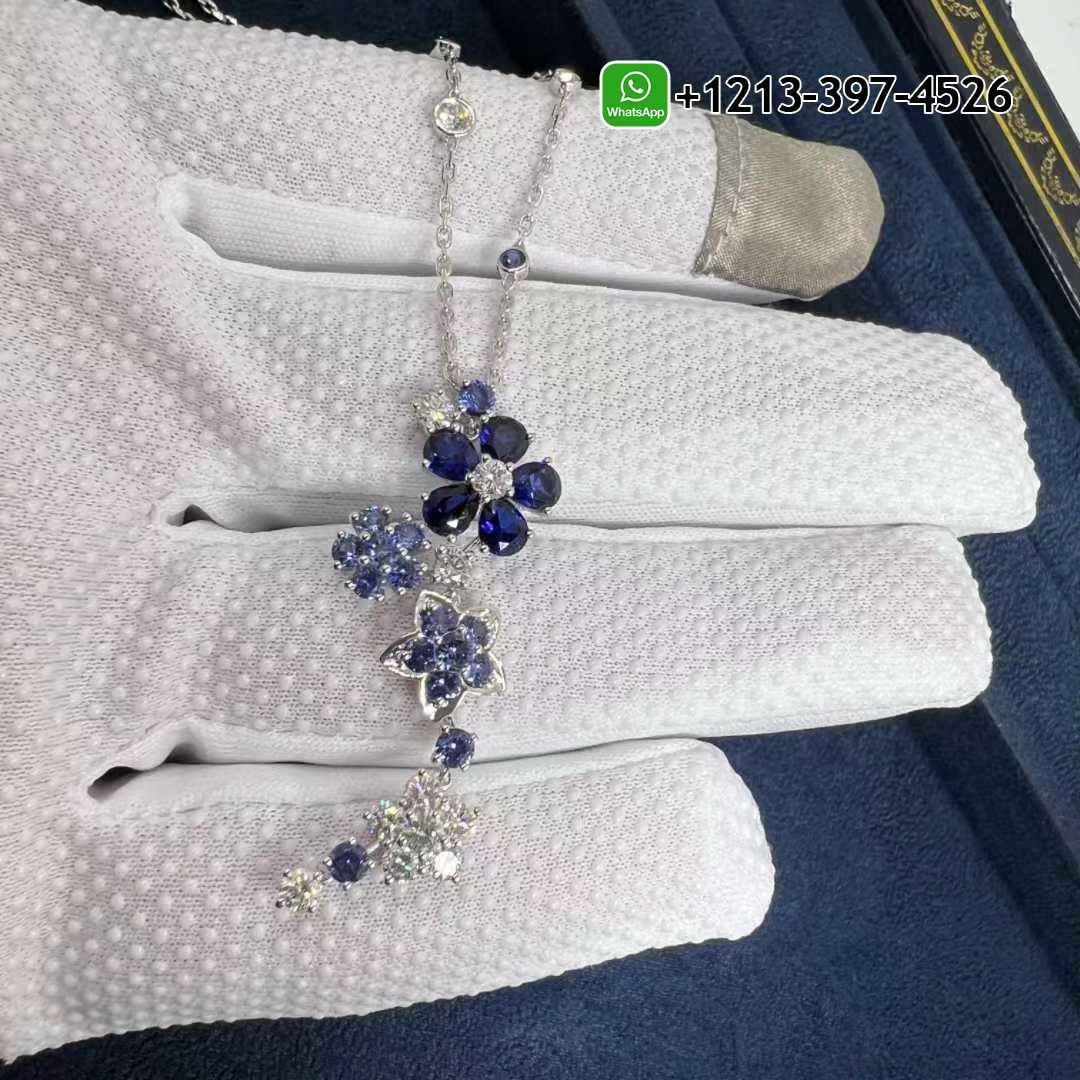 Van Cleef & Arpels Folie des prés 18k White Gold Diamond, Blue Sapphire Flower Pendant Necklace VCARP05J00
