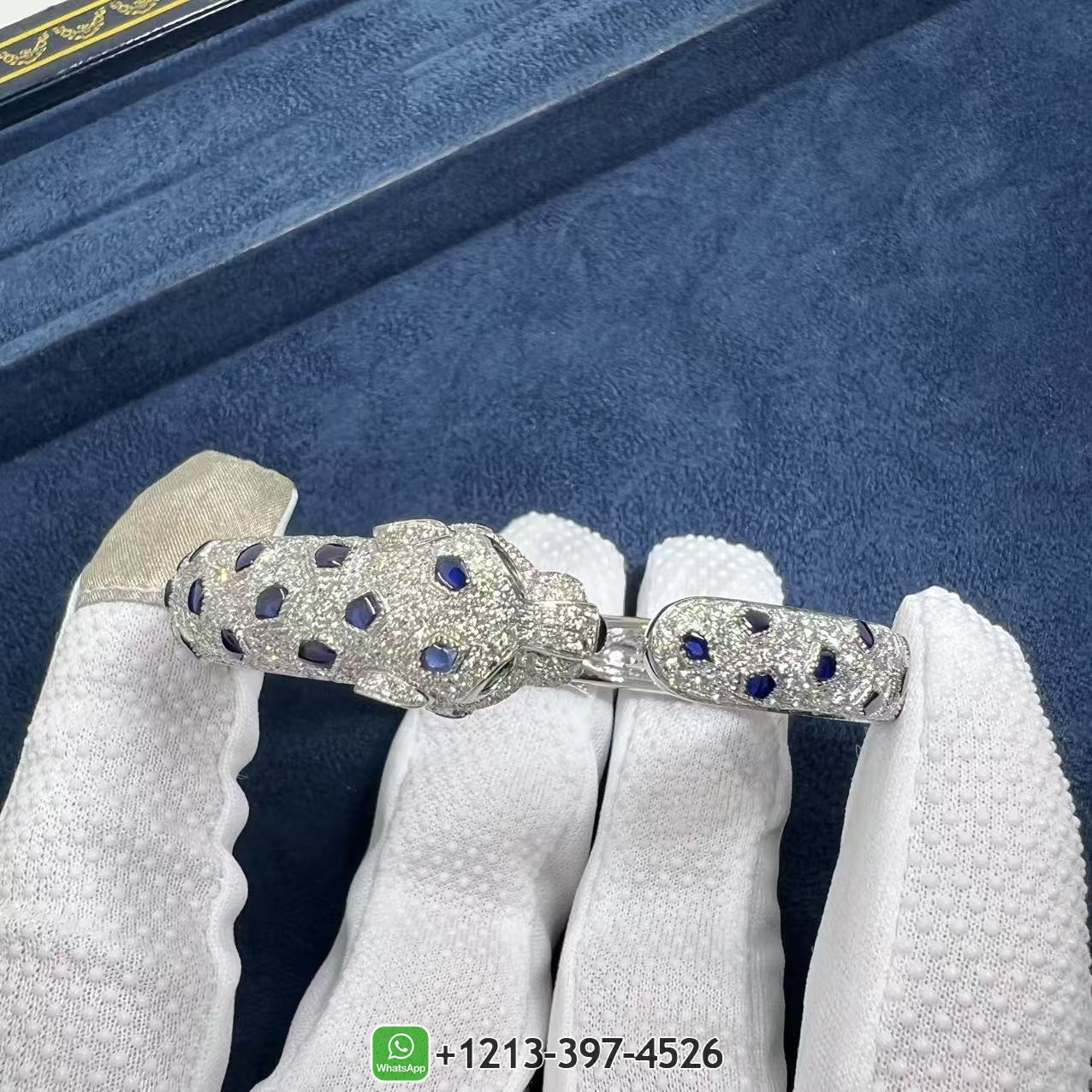 Cartier Panthere De Cartier Full Pave Diamond Sapphires Emeralds Onyx 18k White Gold Bracelet N6720617