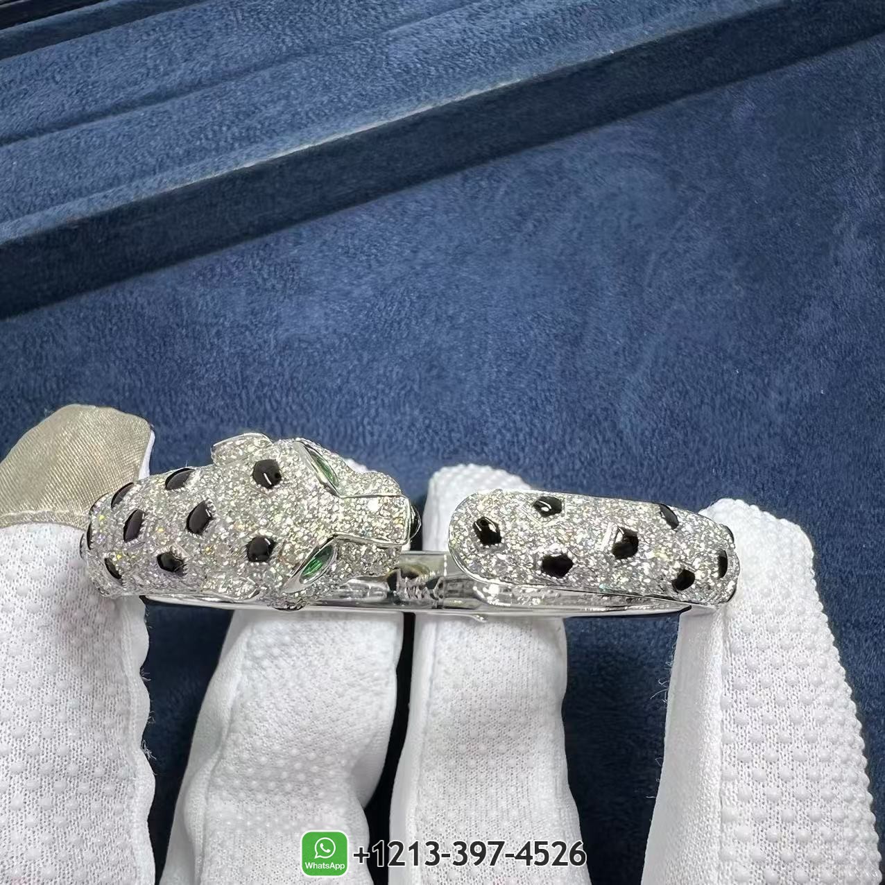 Cartier Panthere De Cartier Full Pave Diamond Emeralds Onyx 18k White Gold Bracelet N6722417