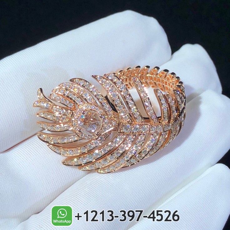 Boucheron Plume de Paon 18k Rose Gold Pave Diamond Feather Ring JRG02847