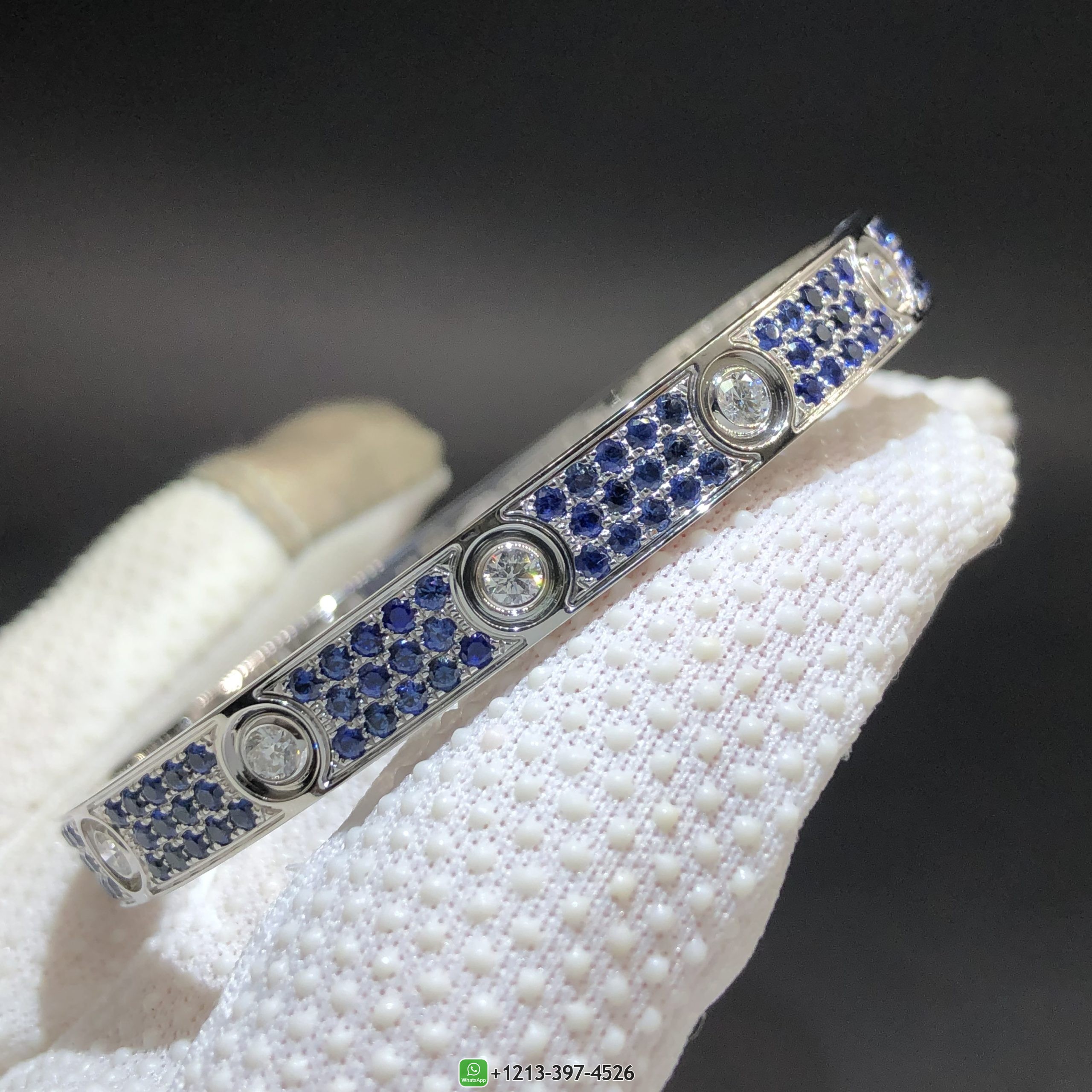 Cartier Classic Model Love Bracelet with Blue Sapphire Paved and 10 Diamonds in 18k White Gold Single-screw Closure
