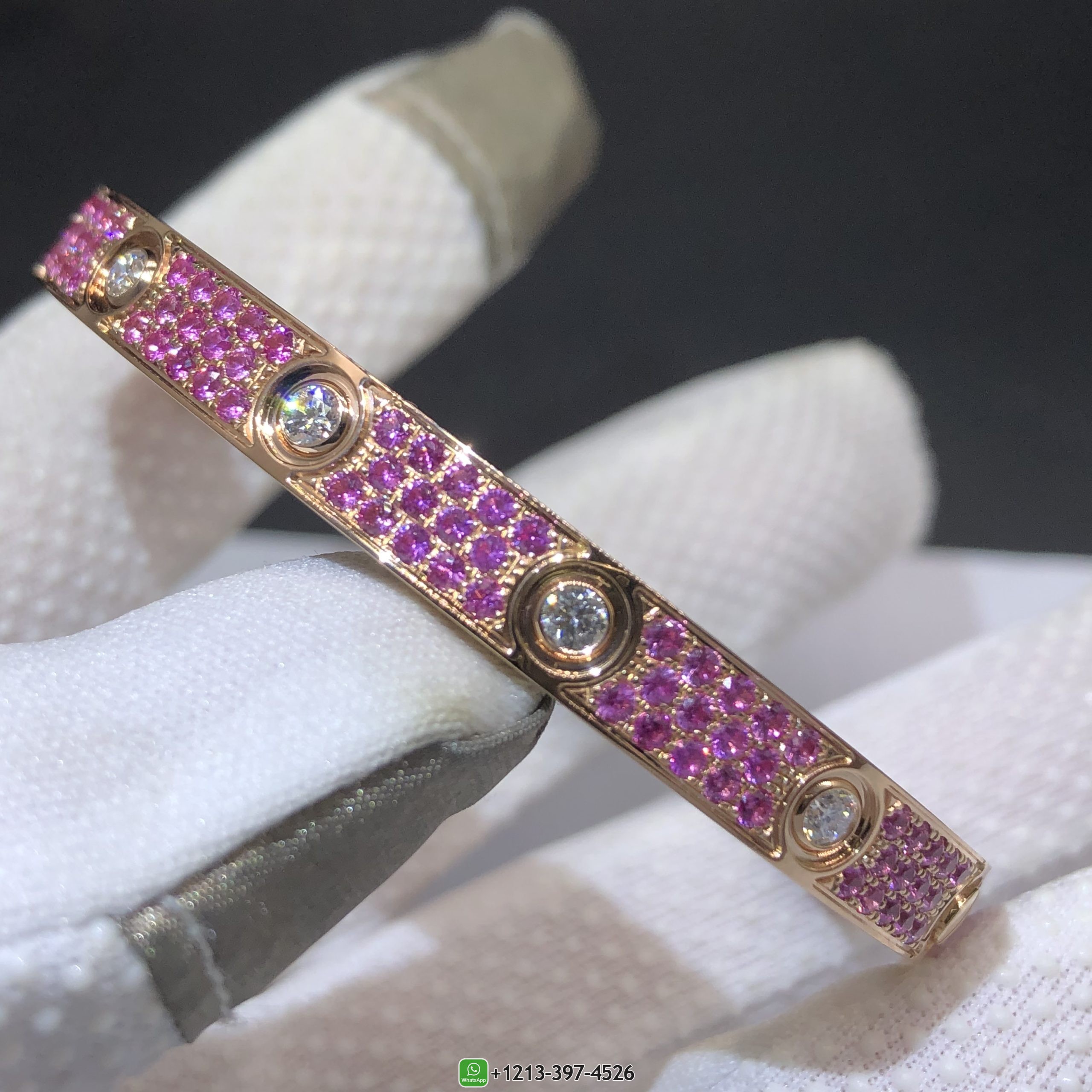 Cartier Classic Model Single-screw Closure Love Bracelet with Pink Sapphire Paved and 10 Diamonds in 18k Rose Gold